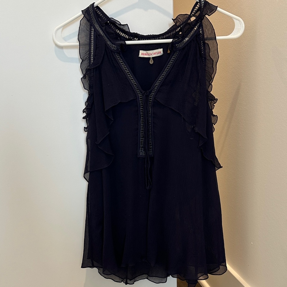 Rebecca Taylor Navy Blue Ruffle Sleeveless Top